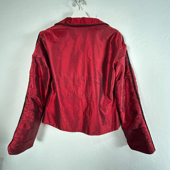 Anage Too Womens Red Silk Embroidered Blazer Jacket Medium Lined Two-Button - Picture 2 of 11